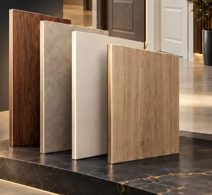 FoursPan CPL panel numuneleri: ceviz, beton gri, krem beyaz ve meşe